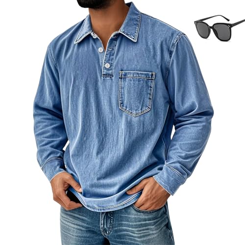 Mokaloha Mens Long Sleeve Shirt, Men's Vintage Distressed Lapel Pocket Casual Long-Sleeved Polo Shirts, Stand Design