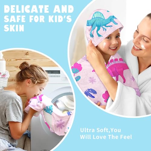 Image of Dinosaur Girls Beach Towel with Hoodie for Kids Toddlers Age 4-8, Pink Bath Towels Shower Wrap for Girls, Hooded Poncho Beach Blanket for Pool Swimming Cute Wearable Bath Towel for Child
