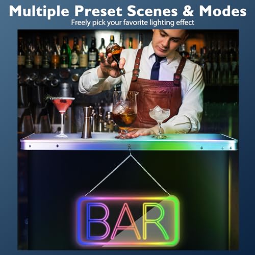 BRILLIHOOD Portable Pop-Up Bar Table with BAR Mirror Neon Sign, Music Sync Bar Table, LED Bar Sign & Table for Outdoor, Patio, Party, Picnic, Entertaining, Include Storage Shelf, Removable Skirt