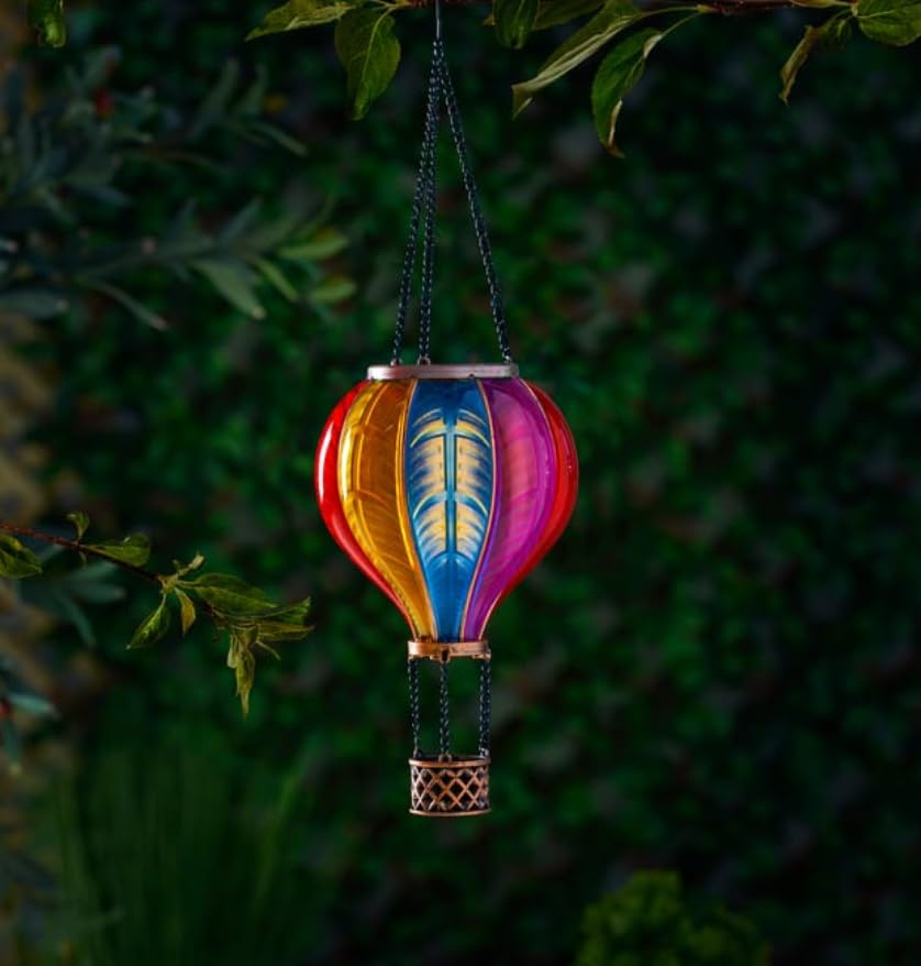 Outdoor Garden 45cm Solar Power Rainbow Stain Cool Fiesta Realistic Flame Outdoor Hanging SMD LED Hot Air Balloon Lantern - Multicoloured Glass Effect Flaming Garden Light with Handle