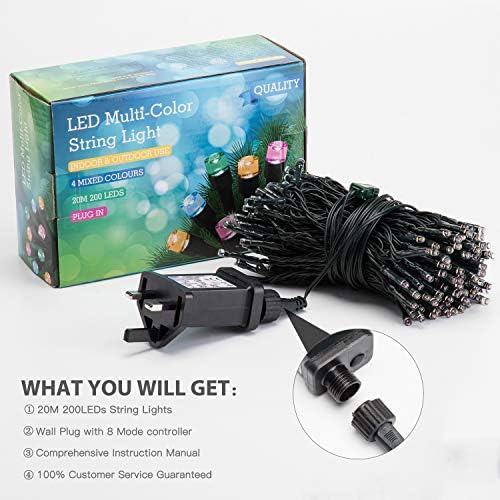 Elegear 20M 200 LED Christmas Lights Outdoor Mains Powered, Waterproof Xmas Tree Lights with 8 Modes for Party Garden Patio Balcony Indoor Decoration, Plug in Fairy String Lights, Multicoloured