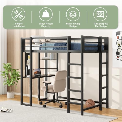 Image of Twin Metal Loft Bed with Desk and Shelves, Space-Saving Frame with Ladder and Full-Length Guardrails, Space-Saving Bed for Bedroom, Black (Mattress Not Included)