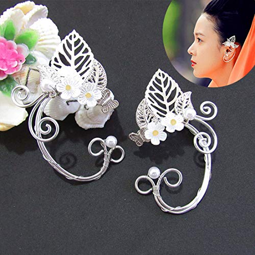 Sxnk7 Chic Elf Pearl Hollowed Flower Leaf Cosplay Fairy Ear Wrap Cuffs Earrings For Women Girls Wedding Jewelry 1 Pair (Butterfly Leaf Flower) #TOP2