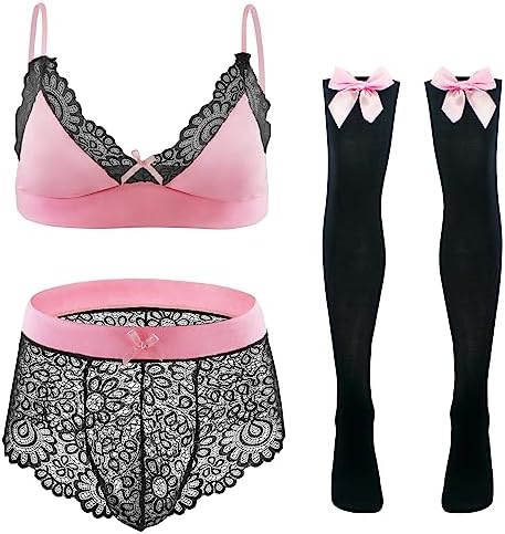 FEOYA Men’s Lace Floral Underwear Bra and Stockings Lingerie Set 4pcs
