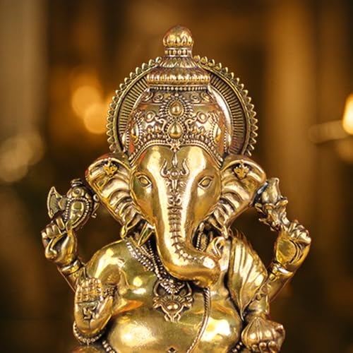 Image of Artarium Brass Vighnaharta Lord Ganesha Statue Car Dashboard (Height 3.5inch), Small Ganpati ji Murti for Car Accessories, Home Decor, Office Gifting and Pooja Room - Gold Finish