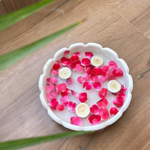 Image of Marble Urli Bowl for Decoration | Big Potpourri Decorative Bowls in Home decor | Large White Floating Flower Plates of Stone | Small Shape puja Item | (9 inch, Crown Jewel)