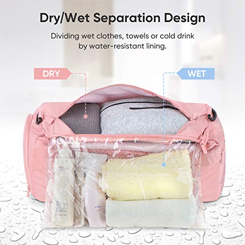 BALEINE Duffle Bag for Sports, Gym, Overnight and Weekend Getaway. Waterproof Dufflebag with Shoe and Wet Clothes Compartments. Lightweight Carryon Sized Gymbag, Weekender Travel Bag (Pink)
