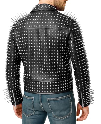 Image of Men's Studded Cowhide Leather Biker Jacket - Punk Rock Spiked Brando Coat