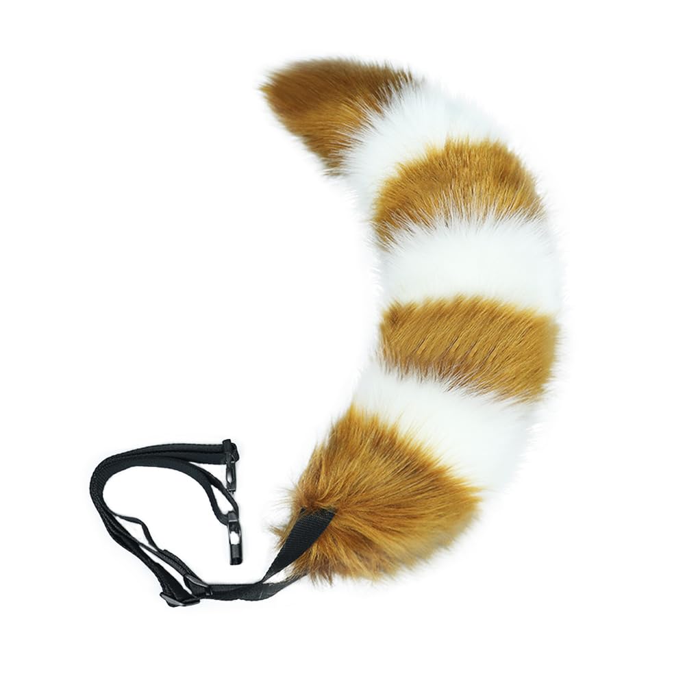 ILUFAM Faux Fur Striped Wolf Fox Tail 60cm Furry Animal Tail For Halloween Party Costume Accessories Cosplay Dress Up (Camel&White)