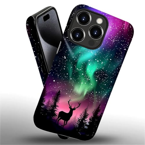 CARLOCA for iPhone 15 Pro Max Case, Deer Northern Green Lights Night Full Body Pattern for Girl Women Hybrid 2-Layer Hard Shell Silicone Protective Case for iPhone 15 Pro Max - image 1
