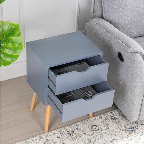 Image of VASIL MART Bedside Tables, Wooden Nightstands with Solid Wood Legs & 2 Drawers, End Tables Storage Units for Living Room /Bedroom,etc .(Grey)
