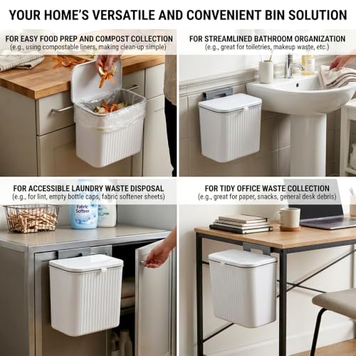 Image of Nayasa 7.3 Ltr Hanging Door Dustbin | BPA-Free Plastic Kitchen Trash Can with Lid | Wall Mounted & Cabinet Door Garbage Bin | Waste Bucket for Bathroom, Office & Home | White