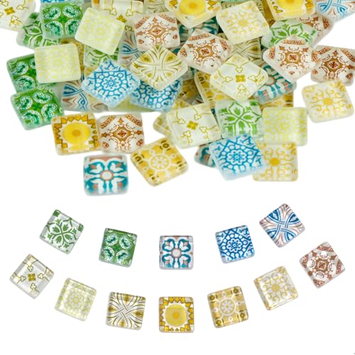 Mosaiksteine zum Basteln Mosaik Steine Bunt,Mosaiksteine Enthält 12 Verschiedene Druckmuster,DIY Quadratisch Glasmosaik für Bilderrahmen Vasen Untersetzer Stifthalter Heim Deko,81 Stück