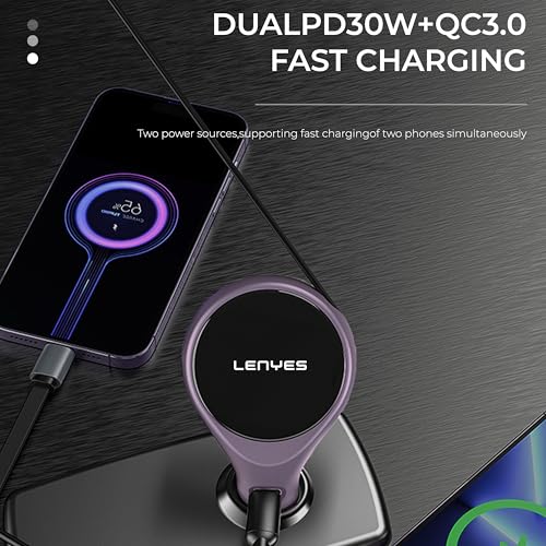 Image of Lenyes CA820 60W Car Charger | Dual Output with 80cm Retractable Type-C Cable | 30W PD Fast Charging | 2-in-1 Adapter for Type-C Devices | Compact Car Accessory (Purple)