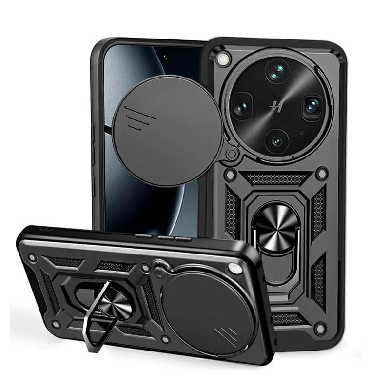 Image of Shockproof Back Case Cover for Oppo Find X9 Ultra 5G, Shockproof Oppo Find X9 Ultra Back Cover, Ring Case with Kickstand and Camera Protection Shutter - Black