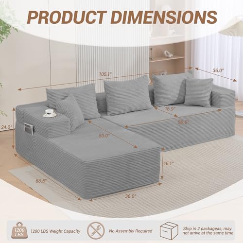 Image of 105'' Cloud Sectional Couch, Modular L-Shaped Boneless Sectional Sofa, Corduroy Deep Seat Couch, Small Space Sofas for Living Room Bedroom Apartment, No Assembly, Grey