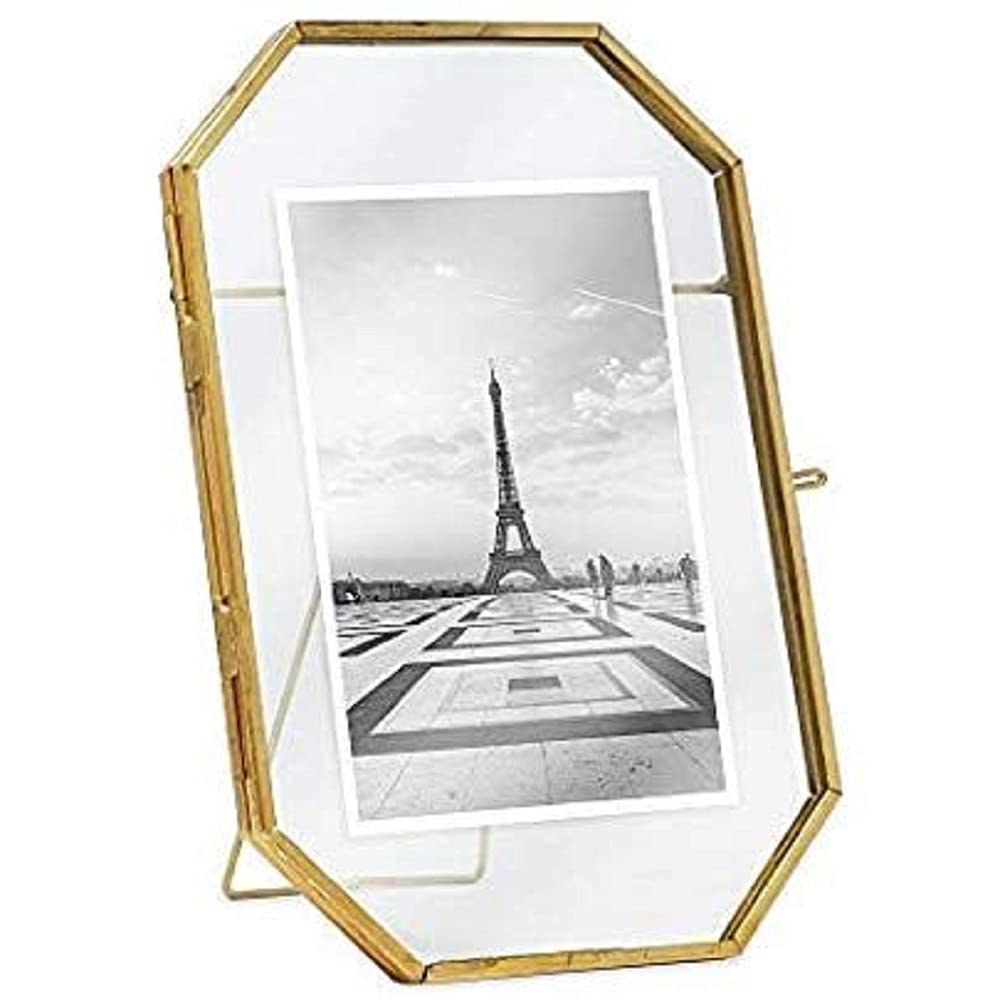Art India Collections Octagon Brass Glass Table Top Photo Frame for Dried Flowers, Pressed Flowers, Poster, Double Glass Phot Frame 4x6"