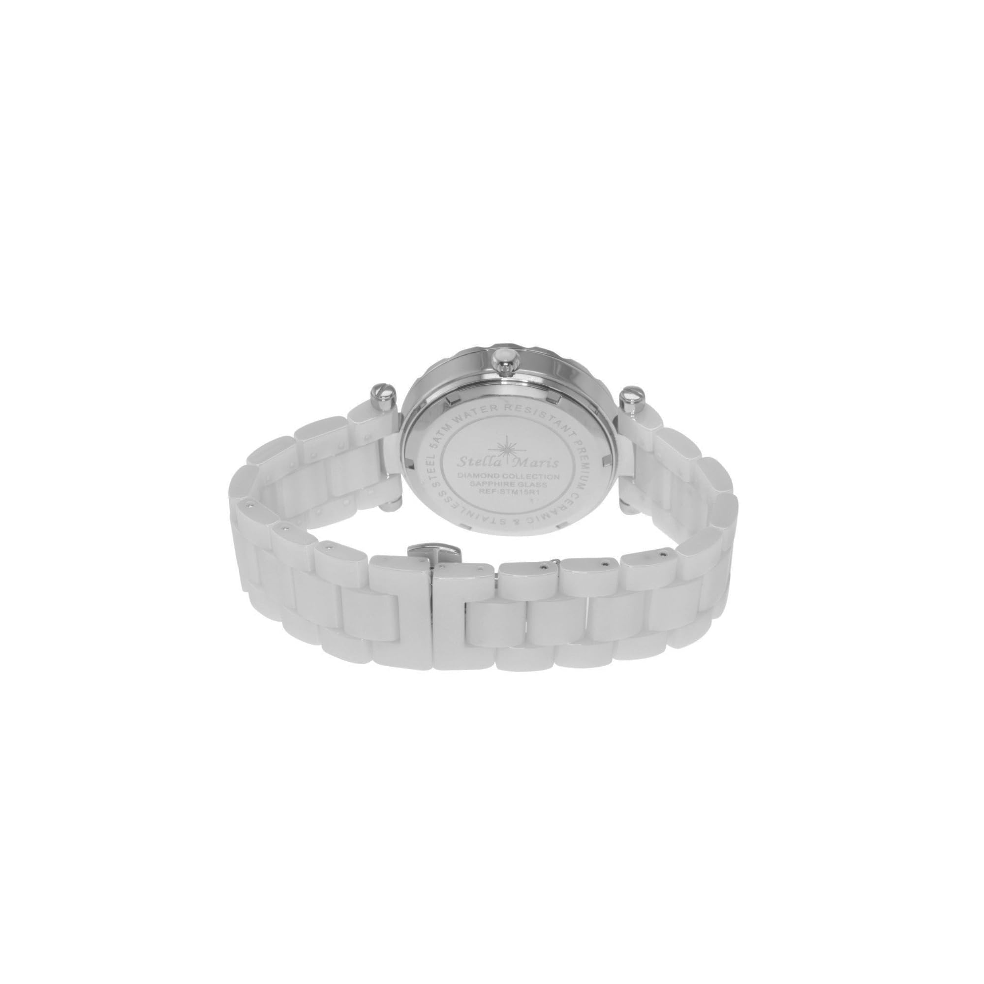Stella Maris Damen Armbanduhr Analog Quarz Uhr Stilvolle Elegante Damenuhr Frauenuhr Weiß Silber Premium Keramik Armband Diamanten Swarovski STM15R1