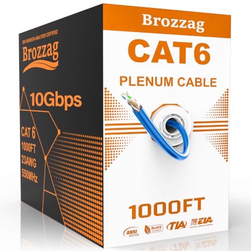 Brozzag Cat6 Plenum Cable 1000ft 23AWG CCA UTP 550MHz 10Gbps DSX-8000 Certified Internet Cable Rated for in-Wall Direct Burial Tangle-Free Spool Bulk Cat6/Cat5E LAN Wire for Home Office (Blue)