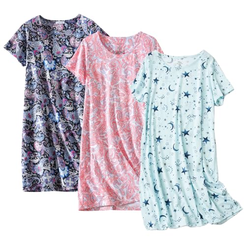 Image of PNAEONG 3 Pack Women's Cotton Nightgown Short Sleeve Shirt Print Sleepdress