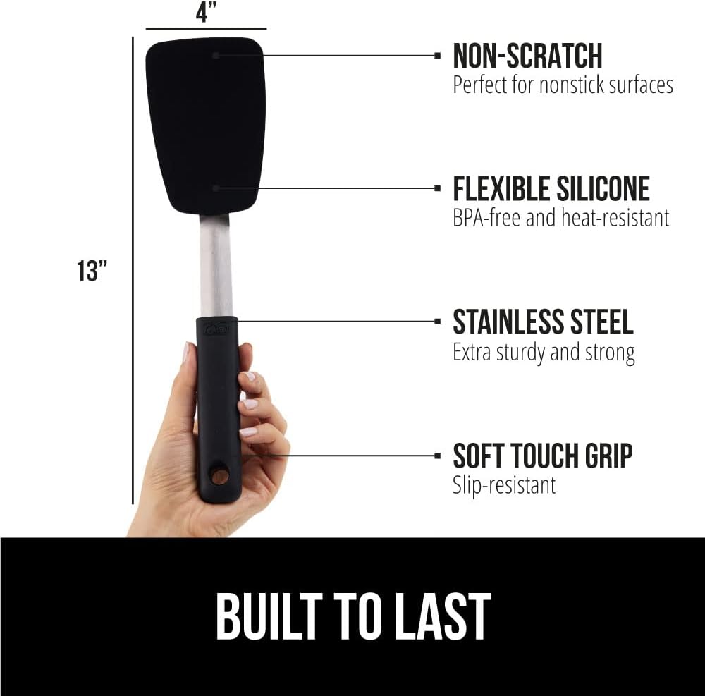 Gorilla Grip Silicone Nonstick Spatula, 13 In, Heat Resistant, Soft Touch Slip Resistant Rubber Handle, BPA Free Nonscratch Kitchen Cooking Flipper, Mixing Spoon, Stainless Steel Spatulas, Black