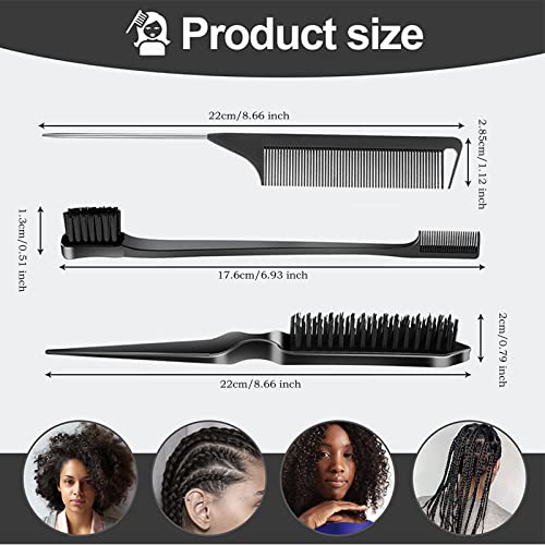 Sweet View 3 Pcs Slick Back Hair Brush Set With 1 Pcs Edge Brush 1 Pcs Bristle Hair Brush 1 Pcs Rat Tail Comb, Teasing Brush For Smoothing Baby Hair & Flyaways - Black #TOP1
