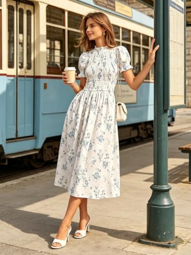 Image of RIHOAS Plaid Gingham Midi Dress Short Sleeve Smocked Dresses for Women | Cotton,Ruffle Puff Sleeves,Vintage Brown,Spring Summer Casual Daily,Picnic,Travel,Vacation,Christmas Festive Occasions