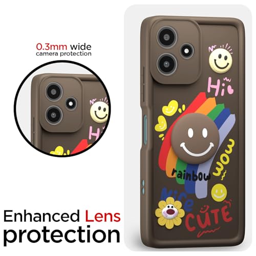 Image of Pikkme Back Cover for Redmi 12 5G / Poco M6 Pro 5G | Soft Silicone| Cute Rainbow Smile & 3D Cartoon Flower Design | Shockproof Raised Camera Protection Bumper Case (Brown)