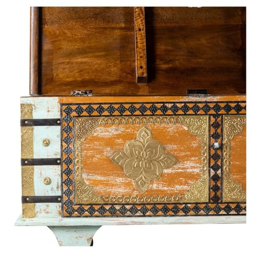 Image of Opea Wooden Trunk Box for Storage | Solid Wood Coffee Table for Living Room | Handcrafted Center Tea Table with Sandook Storage for Living Room | Pitara for Home and Bedroom (Mint Distress)
