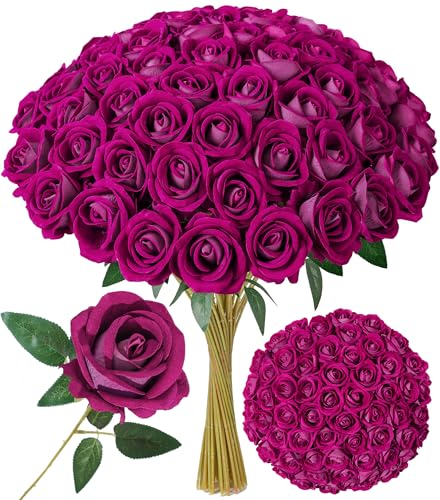 Image of INSPRING 50 PCS Magenta Roses Artificial Flowers with Long Stems | Real Looking, Fake Roses, Silk Flowers, DIY Bouquet, Wedding Party Celebration Home Bridal Decoration Gift, for Her Wife