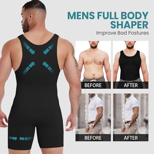 Mens Shapewear Bodysuit Compression Undershirt Black Medium4