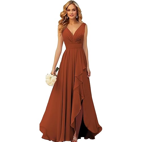 TORYEMY Chiffon Bridesmaid Dresses Long V Neck with Slit Ruffle Pleated Empire Waist Formal Dresses for Wedding