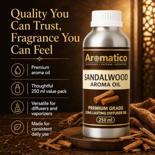 Image of AROMATICO Sandalwood Diffuser Oil with Strong, Long-Lasting Aroma for Homes, Offices & Showrooms. Aromatherapy, Diffusers, Air Purifiers, Vaporizers - 250 ml