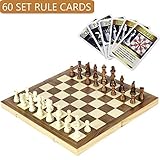 iBaseToy Wooden Chess Set with 60 Game Rules Cards and Folding Chess Board - Perfect Travel Chess Set for Kids and Adults, 15.4