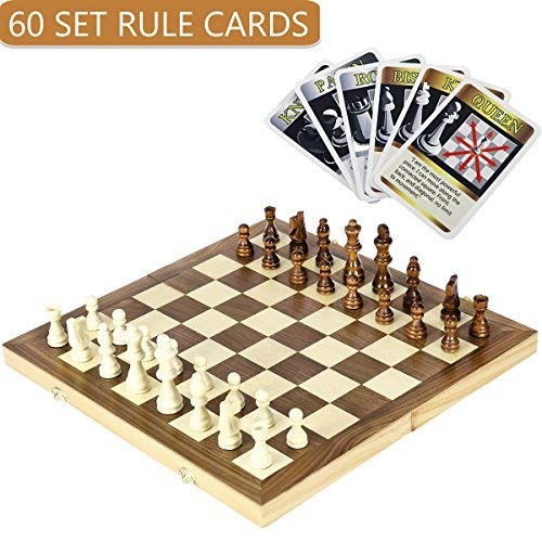 iBaseToy Folding Wooden Chess Set with 60 Game Rules Cards for Adults Kids Beginners Large Chess Board - 15