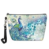 UZZUHI Peacock Gifts Makeup Bag Women Toiletry Pouch Teenage Girl Travel Makeup Case Art Flower Clutch Cosmetic Bag Small Waterproof Leather Organizer,Aqua