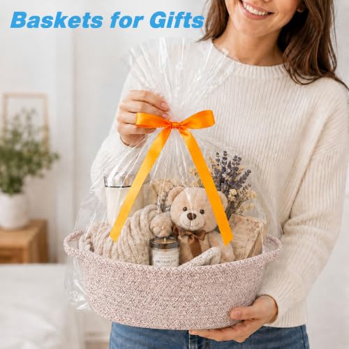 Image of Empty Gift Basket with Gift Bag & Ribbon, Woven Rope Basket, 12x8x5 inch
