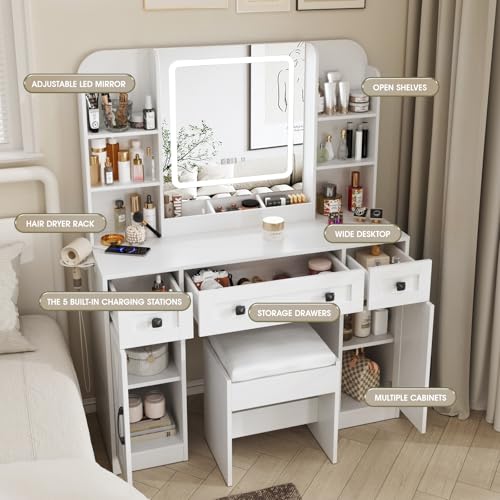 Vabches Makeup Vanity Desk with Lights and Chair, 3 Drawers & Cabinets, White