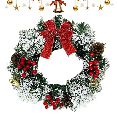 Hozaenwa Corona de Navidad Artificial,Corona con Bayas Lazo Y Campana | Guirnalda Artificial Realista para Chimenea Porche Pared Ventana Puerta Principal Hogar Restaurante Hotel