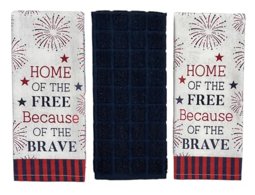 Patriotic Kitchen Dish Towel Set, Set of 3, 100% Cotton, Three Colorful Designs (Home of The Free)