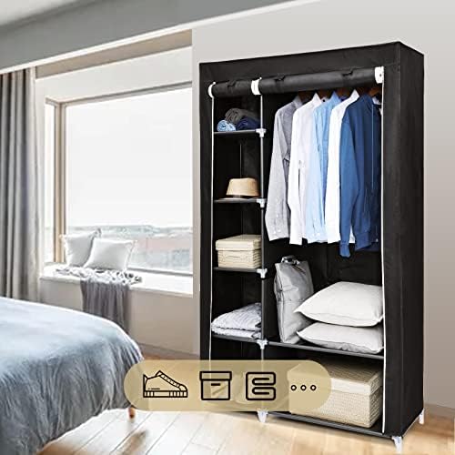 Double Canvas Wardrobe, Portable Wardrobe, Foldable Closet, Clothes Storage Organizer with Hanging Rail for Clothes, Bags, Toys, Shoes, Living Room, Bedroom 175 x 110 x 45CM Black