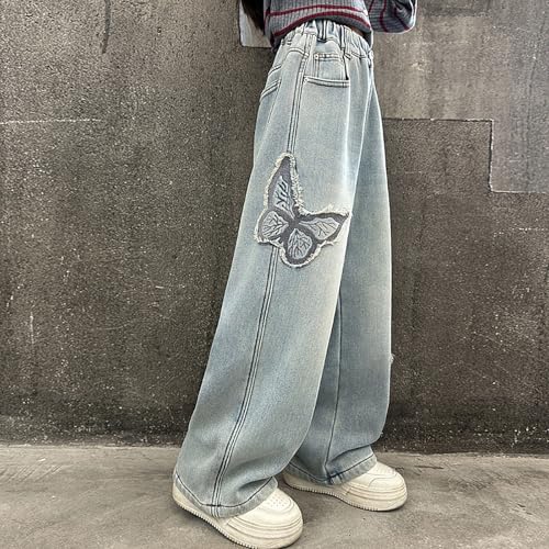Girls Baggy Jeans Wide Leg Elastic Waist Buttlerfly Applique 𝗬2K Denim Jeans 𝗩intage Casual Wash Jeans3