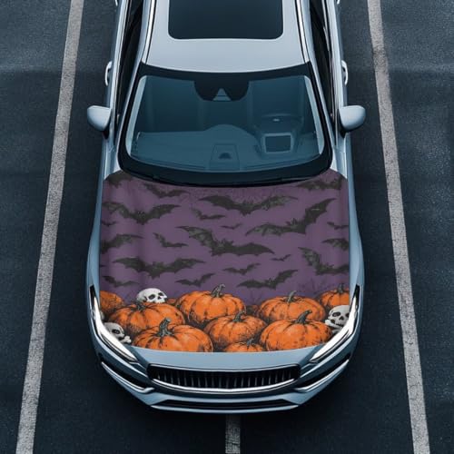 Image of Bat Skull Pumpkin Print Car Hood Cover Easy to Install Fabric Hood Cover Halloween Vehicles Decorate Engine Removable Automotive Accessories Personalized Suitable for Cars(59x39 Inch)