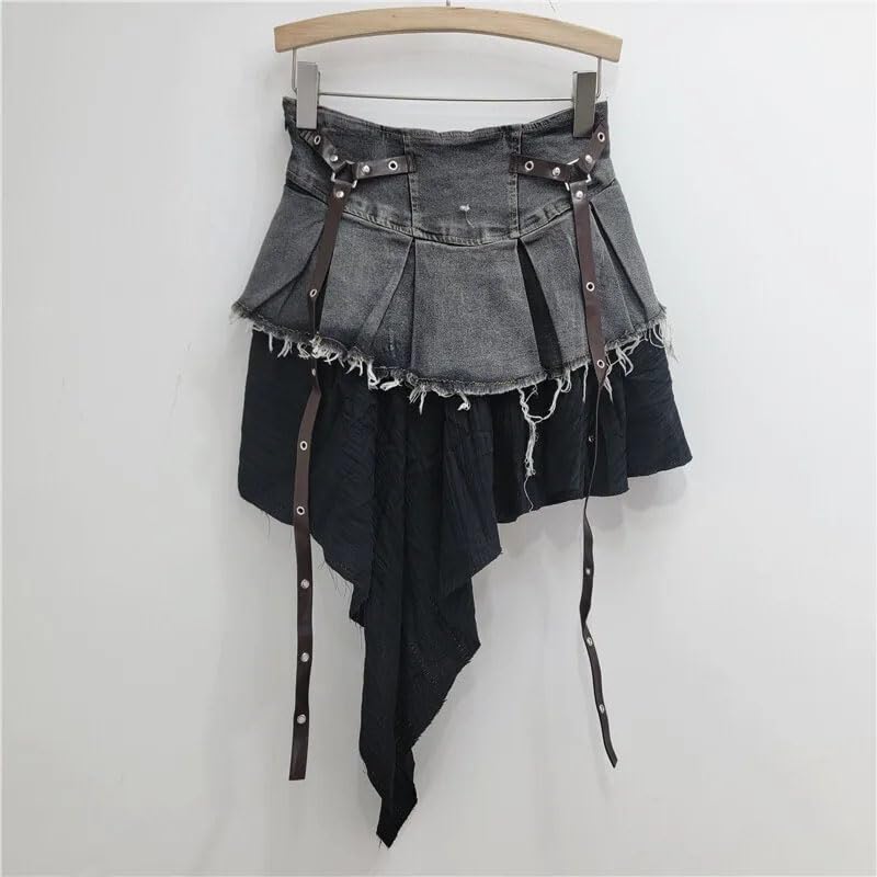 Women's Denim Skirts High Waist Patchwork Irregular Burrs Edge Folds Ribbons Short Skirt4