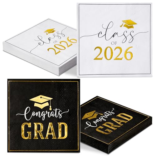 50 Pack Class of 2026 Graduation Napkins - Black White Gold Congrats Grad Cocktail Napkins 3-Ply Disposable Paper Napkins for High School College Graduation Party Decorations & Supplies