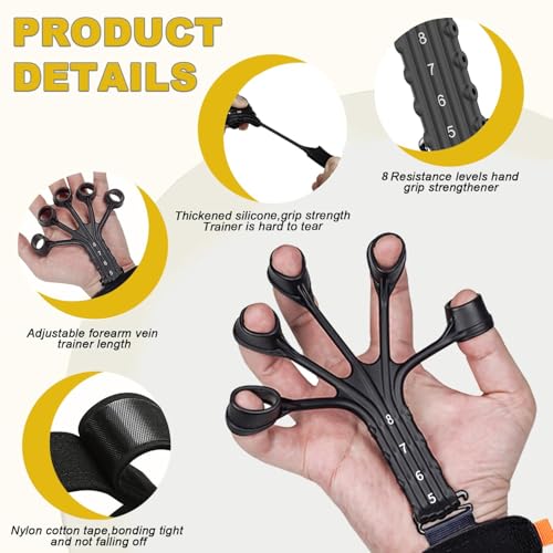 Image of Finger Exerciser Finger Stretcher Finger Resistance Band Guitar Strength Trainer Reverse Grip Strengthener Climbing Exercise Equipment Finger Extensor Strengthener for Wrist Hand, 1-8 LB Resistance Levels, Black and Grey, Adjustable Wrist Strap