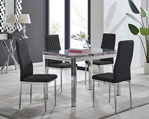 Furniturebox UK Enna White Tinted Glass Extending Dining Table and 4 Black Diamond Quilted Chrome Metal Leg Milan Chairs Modern Dining Set