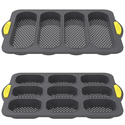 FALESOUL Set of 2 Silicone Hamburger Bun Mold, Nonstick Baking Tray 3 4 9 Cup Hamburger Bun Mold for Baking Homemade Bread Loaf Sandwich Baking Tray, Fridge Dishwasher Microwave Safe (Grey)