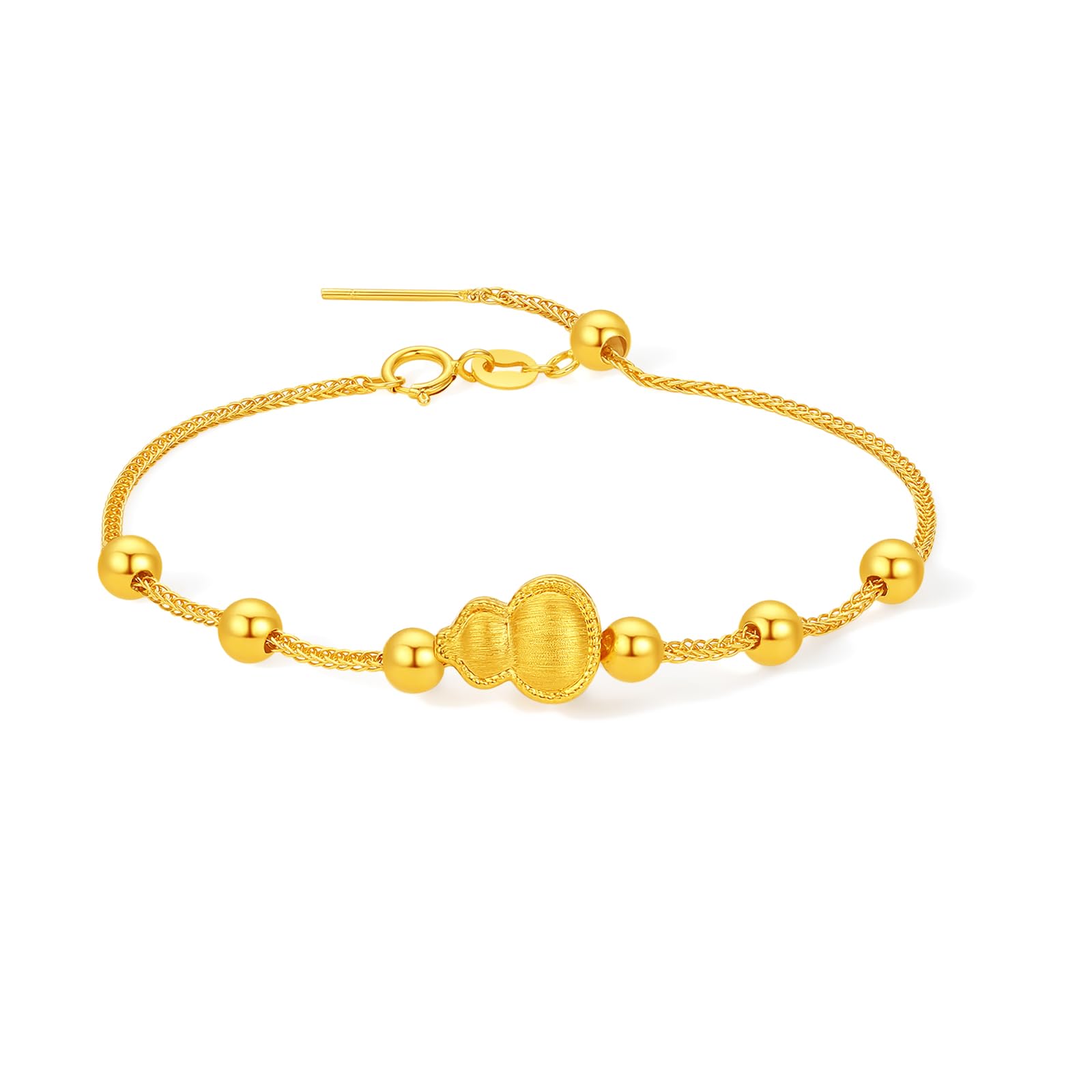 ZHOU LIU FU 24K Gold Chain Armband Gelbgold Chinesischer Flaschenkürbis Charm Silber Beads Link Armbänder Schmuck für Damen Mutter Ehefrau Geschenke Muttertag Geburtstag Jahrestag 19cm