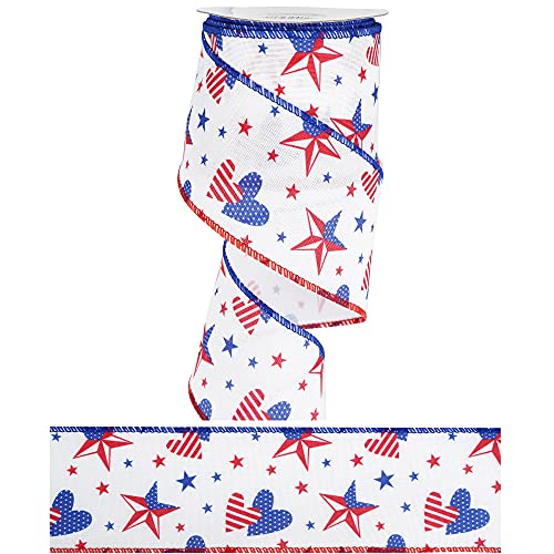 MEEDEE Patriotic Ribbon Wired Star Ribbon Heart Ribbon Burlap Ribbon Wired, 2.5 Inch x 10 Yards/Roll, DIY Crafts Ribbon for 4th July Party Decorations Wreaths Bow Gift Big Bow (Red White Blue)